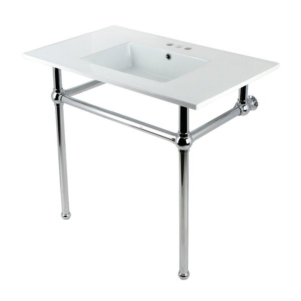 37 Console Sink with Brass Legs 8Inch, 3 Hole, WhitePolished Chrome, Kingston Brass, Mfr#: KVBH37227W4C